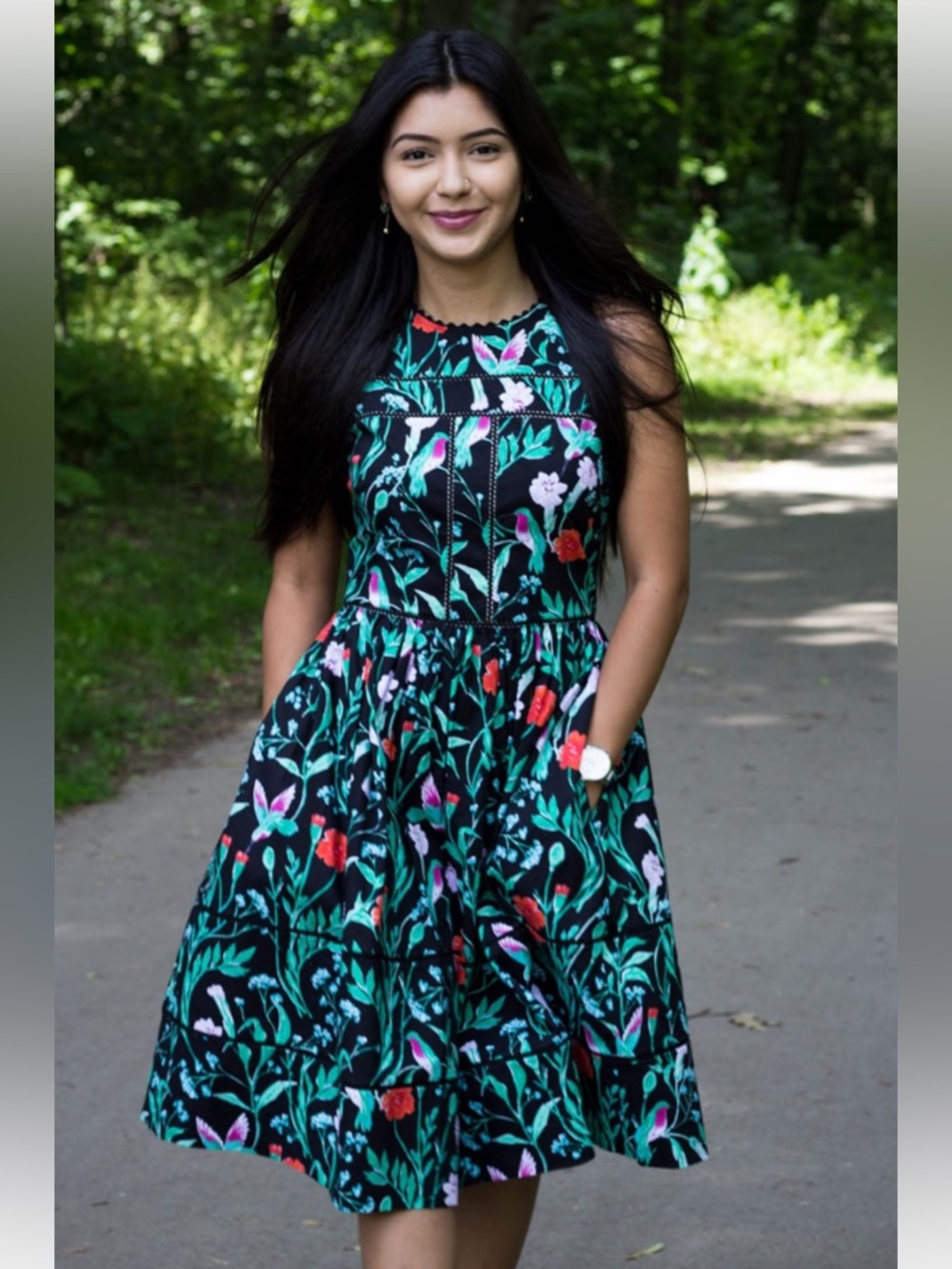 Kate Spade jardin hummingbird print poplin dress